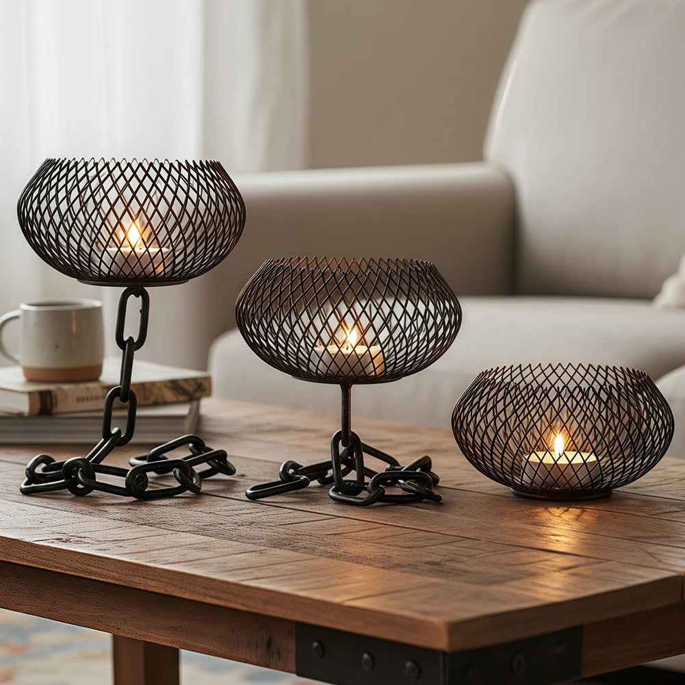 Outdoor Candle Holder Decor Set,Industrial Chain Candle Holder - Black Metal Lantern Candle Stand, Windproof for Home, Patio, Table & Outdoor Decor(3Pack)