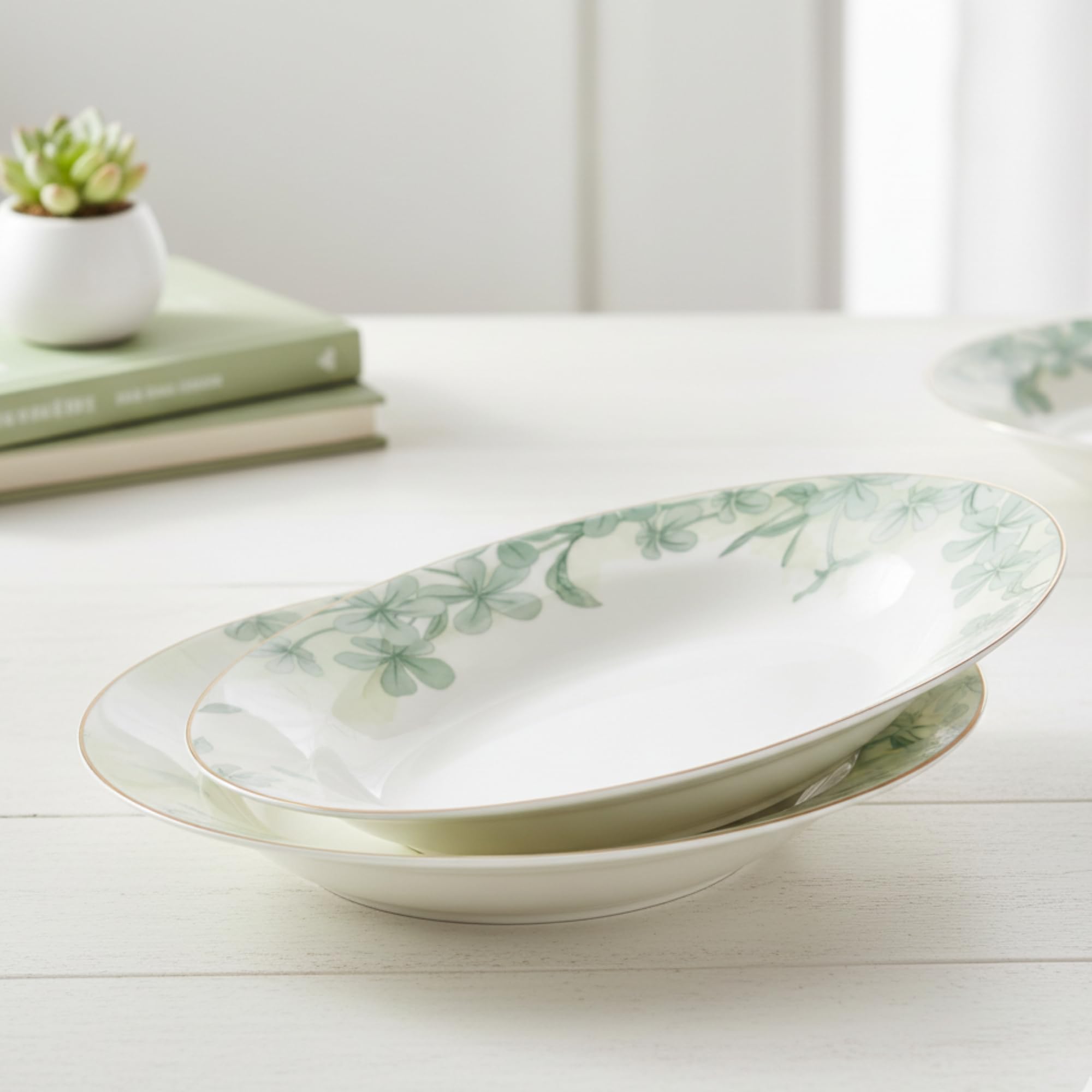 Fissman Porcelain Deep Dinner Plates Set of 2, Ø20.5cm Plate Summer Glint Series | Golden Rim | Floral Leafy Design | Scratch Resistant | Summer Vibe Elegant Tableware | Kitchen Serving Dishes