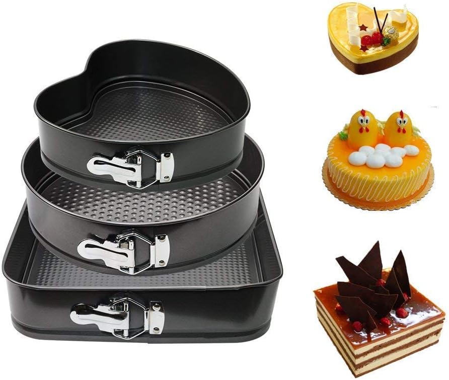3 Pcs Springform Set Round, Heart And Square - Spring-Form Pan, Rectangle Cake Pan With Removable Bottom Leak-Proof And Quick Release Latch Bakeware Round/Heart-Shaped Spring Form Pan