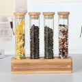 1CHASE Borosilicate Glass Storage Tubes With Air Tight Bamboo lid and Wooden Base, Transparent Canister Storage Tubes for Coffee Beans, Spices,Herbs,Sugar, Candy etc, 100 ML 4Pcs Set