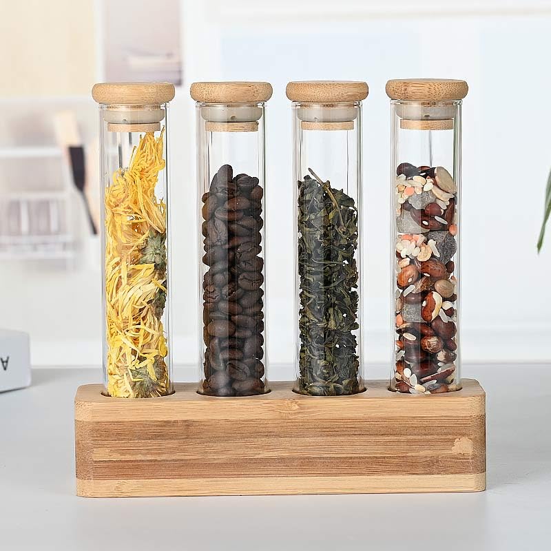 1CHASE Borosilicate Glass Storage Tubes With Air Tight Bamboo lid and Wooden Base, Transparent Canister Storage Tubes for Coffee Beans, Spices,Herbs,Sugar, Candy etc, 100 ML 4Pcs Set