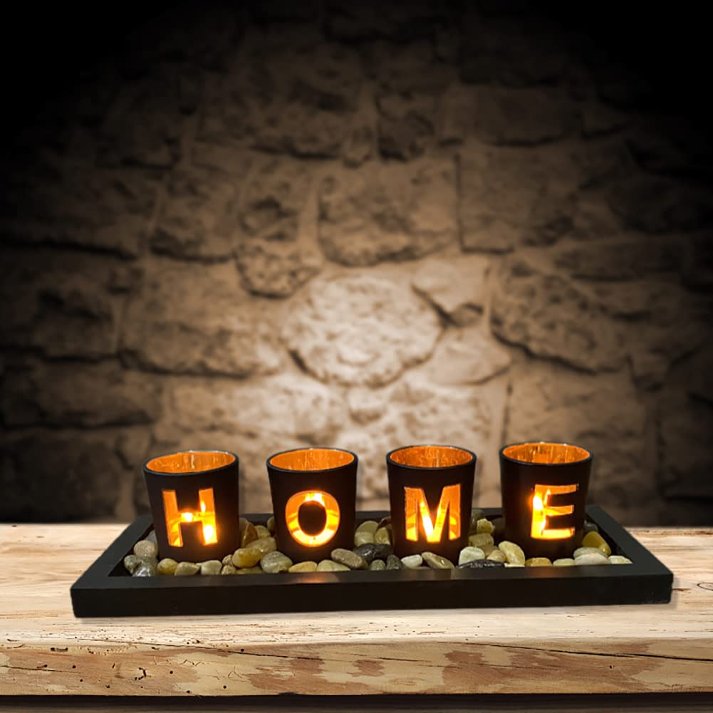 Set of 4 Candle Holders, Hollow HOME Candle Holders with Wodden Tray and Stone, Candlestick Holders Table Centerpiece Home Decor for Living Room Bedroom Decoration Ornaments