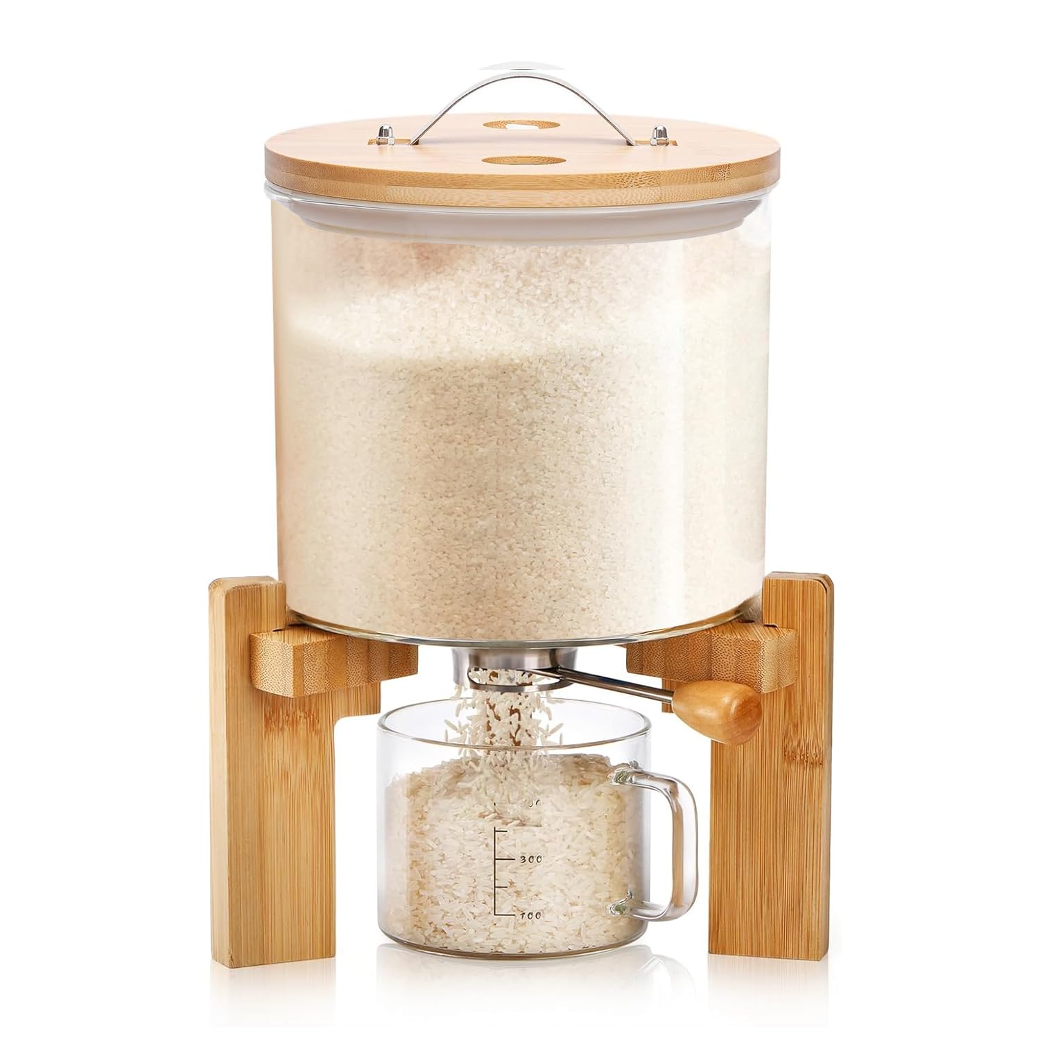Glass Rice Dispenser with Airtight Lid, Wooden Stand & Measuring Cup - Ideal for Storing Flour, Cereal & More in Kitchen & Pantry (5L)