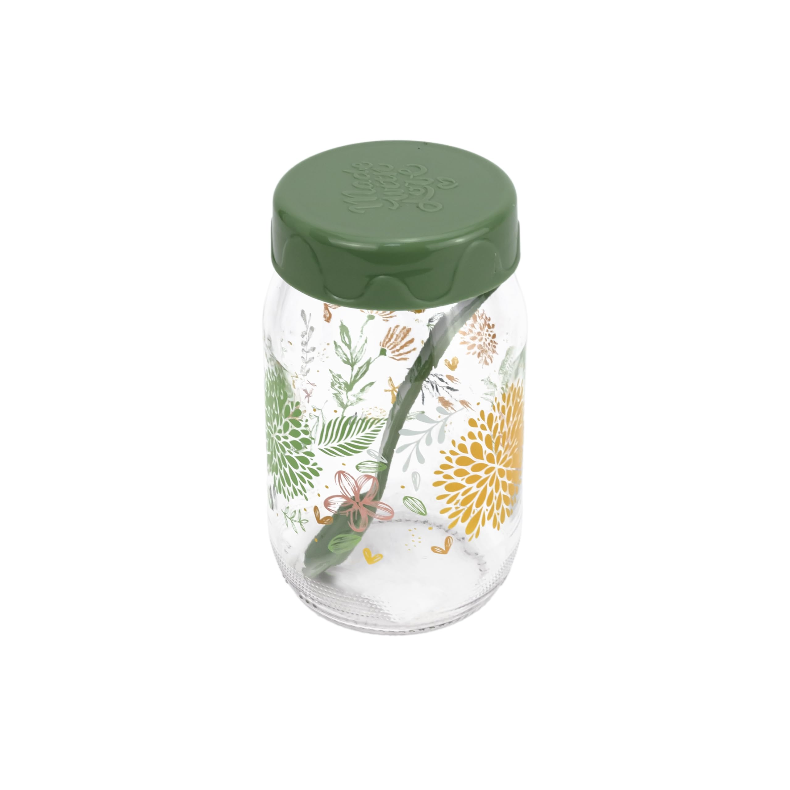 Herevin 370 ml Glass Spice Jar with Decorative PP Lid and Spoon - Airtight Storage Container for Masalas, Herbs, Condiments, Sugar, Salt & Tea - Stylish Botanic Green Design