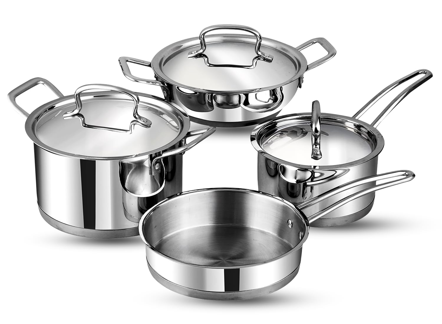 Vinod Classic Deluxe Stainless Steel Cookware Combo Set, 7Pcs |Saucepan(16cm/2.1 Litre)with Lid, Saucepot(20 cm/3.8 L), Kadai with Lid(20cm/1.8 L) & Frypan(20cm)|SAS Bottom|Induction&GasStoveFriendly
