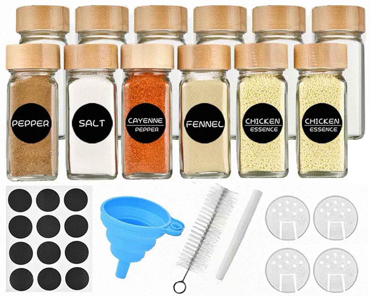 12pcs 120ml 4oz Glass Spice Jars Bottles with Bamboo Lid, BEONE Empty Square Spice Containers, Shaker Lids, Silicone Collapsible Funnel, Spice Labels, Brush (12pcs/pack,120ml with Bamboo Lid)