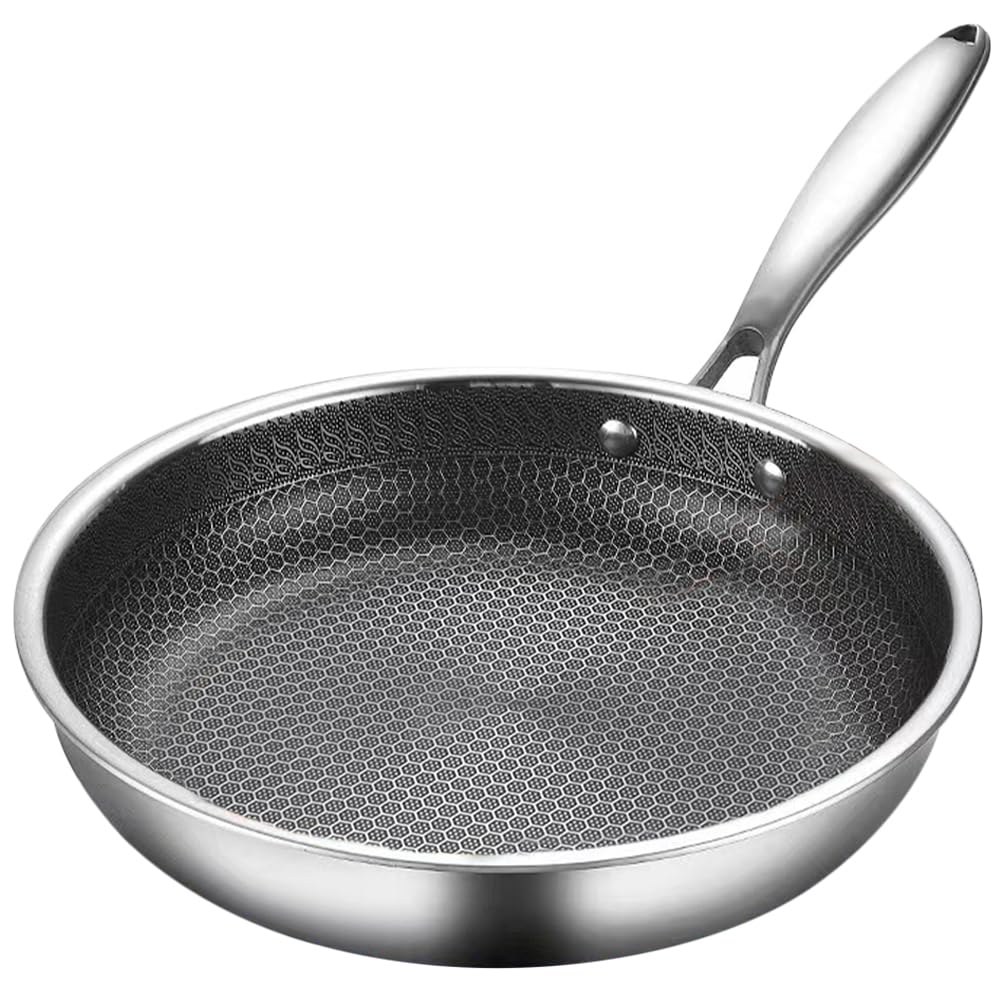 Amosfun 10.20 Inch Stainless Steel Honeycomb Frying Pan Nonstick Flat Bottom Skillet Compatible with All Cooktops Kitchen Cookware for Everyday Frying and Stir-Fry