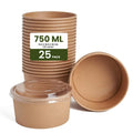 ecoway Compostable Heavy Duty Made Of Paper - [26 Ounce - 750 Ml, Pack Of 25] Disposable Bowls Eco-Friendly Biodegradable Perfect For Salad, Soup, Dessert, Hot or Cold Use, Brown