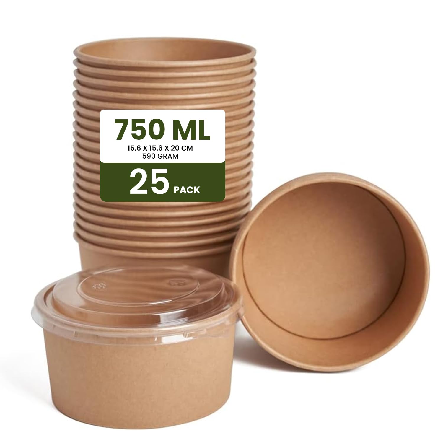 ecoway Compostable Heavy Duty Made Of Paper - [26 Ounce - 750 Ml, Pack Of 25] Disposable Bowls Eco-Friendly Biodegradable Perfect For Salad, Soup, Dessert, Hot or Cold Use, Brown
