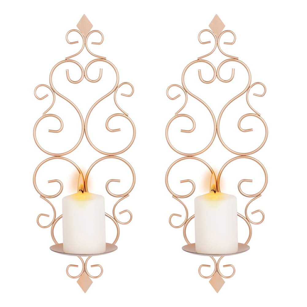 Sziqiqi Iron Wall Candle Sconce Wall Candle Holder Set of 2 Wall Mounted Candle Sconces Holder, for Bedroom Dining Room Wall Decor, Rose Gold