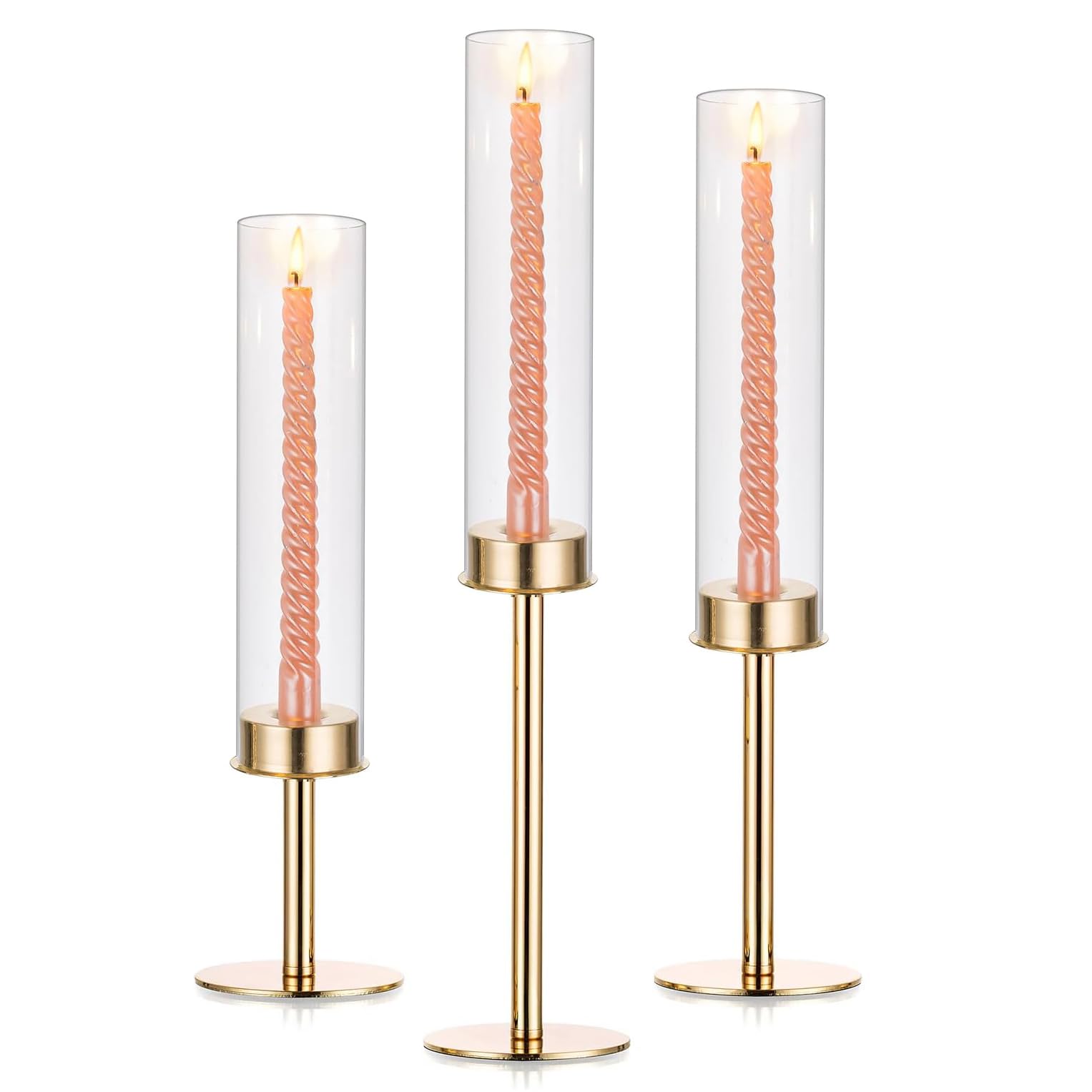 Angju Gold Candlestick Holder Tall Hurricane Candle Holder Set of 3, Taper Candle Holders Candle Stand Glass Cover Candlesticks Holders Table Centerpiece for Wedding Party Birthday Christmas Decor