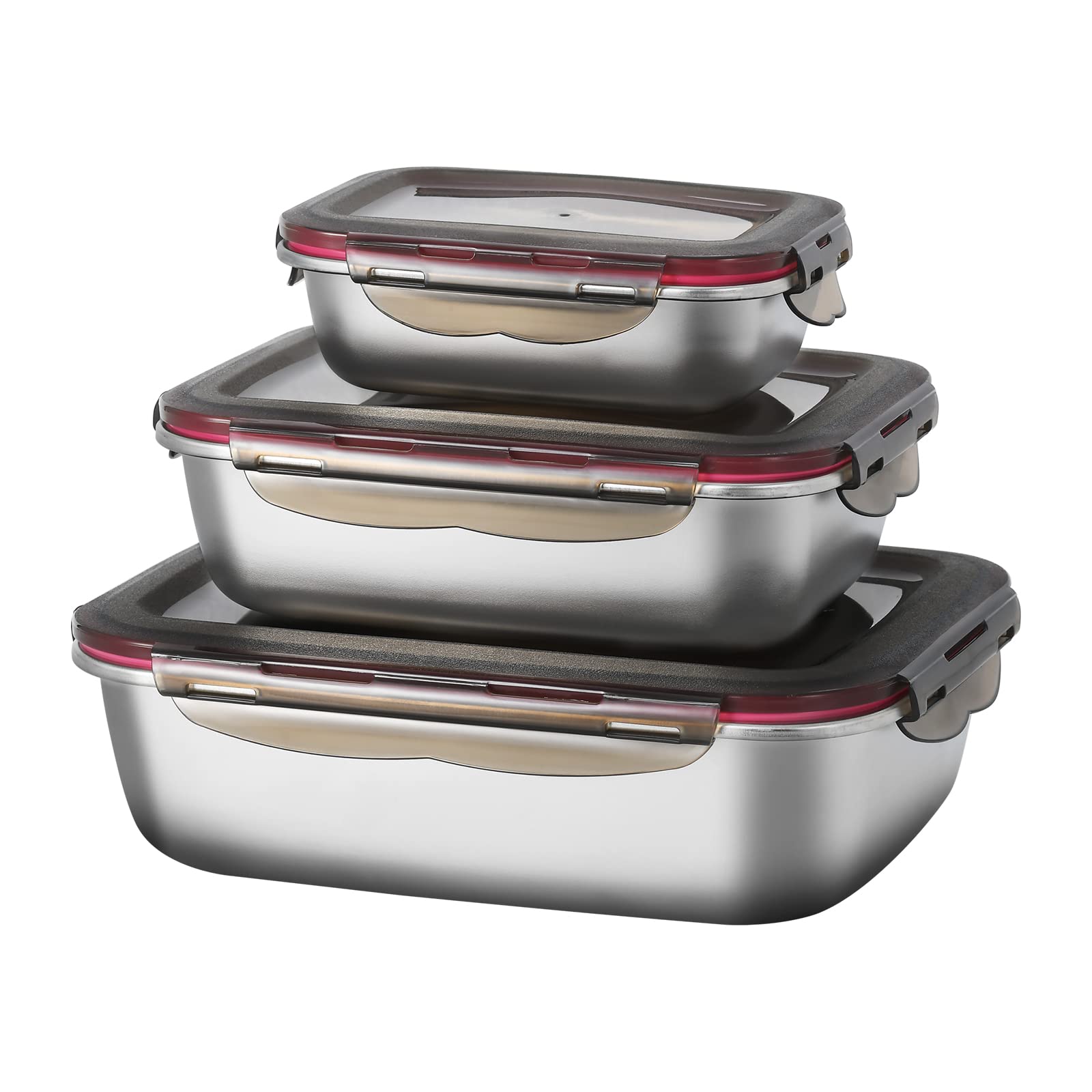 Leak-proof Stainless Steel Food Storage Container Set of 3 Meal Prep Food Container with Lids Metal Fresh Storage Container for Freezer Oven Dishwasher Safe, 600ml/ 1500ml/ 2900ml Stackable