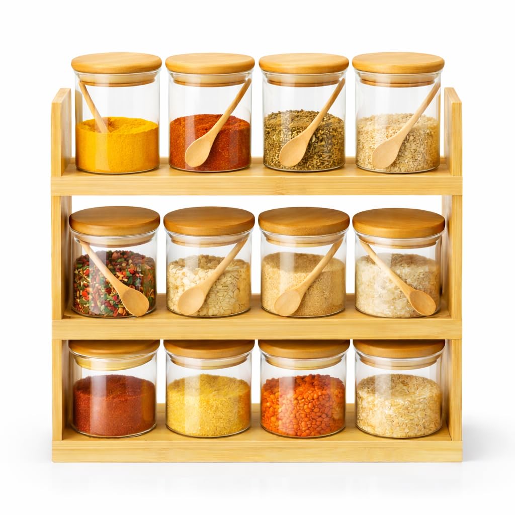3-Tier Bamboo Spice Rack with 12 Borosilicate Glass Jars & Airtight Lids – Storage Containers for Spices, Herbs, Seasonings & Dry Pantry Items