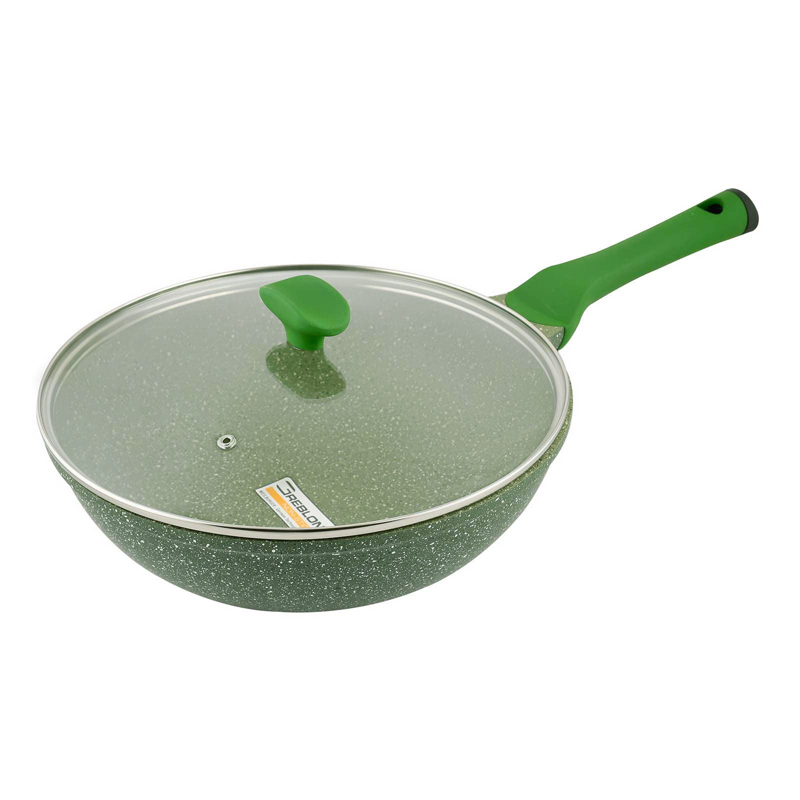 Prestige Essentials Granite Non-Stick WOK Pan with Lid Cast Aluminium Cookware | Induction Base Non Stick Marble PFOA & Lead Free - Green, 28cm