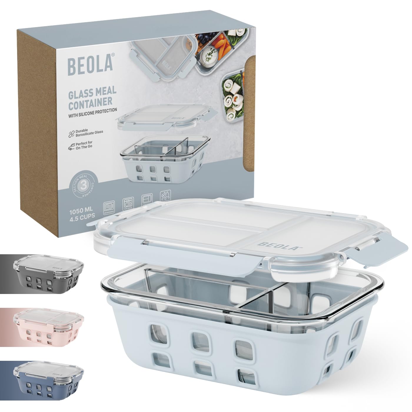 BEOLA 3 Compartment Glass Food Storage Container, Lunch Box, with Airtight Lid and Silicone Protection, 3 Section Meal Prep, Freezer, Dishwasher, Microwave Safe, Glass,1050ml(Ice Blue)