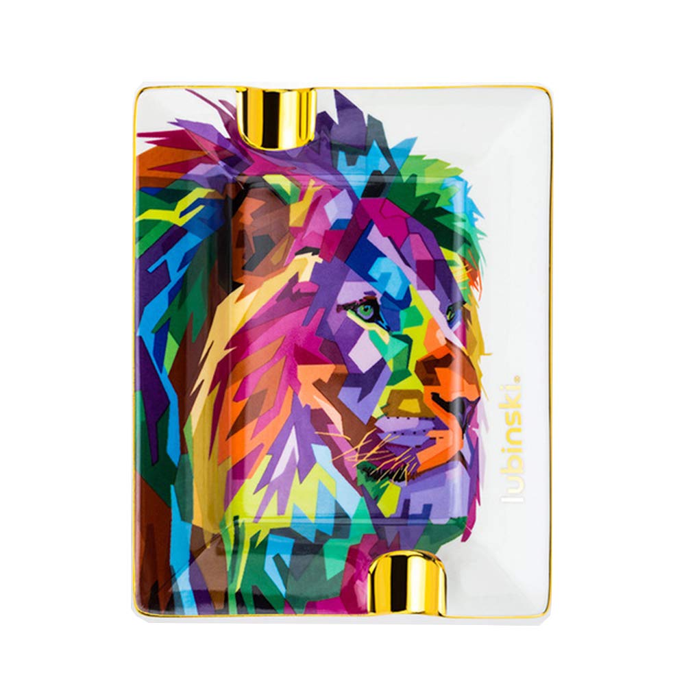 LUBINSKI Cigar Ashtray Hold 2 Cigars, Ceramic Painted Lion Pattern Ashtray, Cigar Accessories With Elegant Gift Package Box for Family Friends Holiday