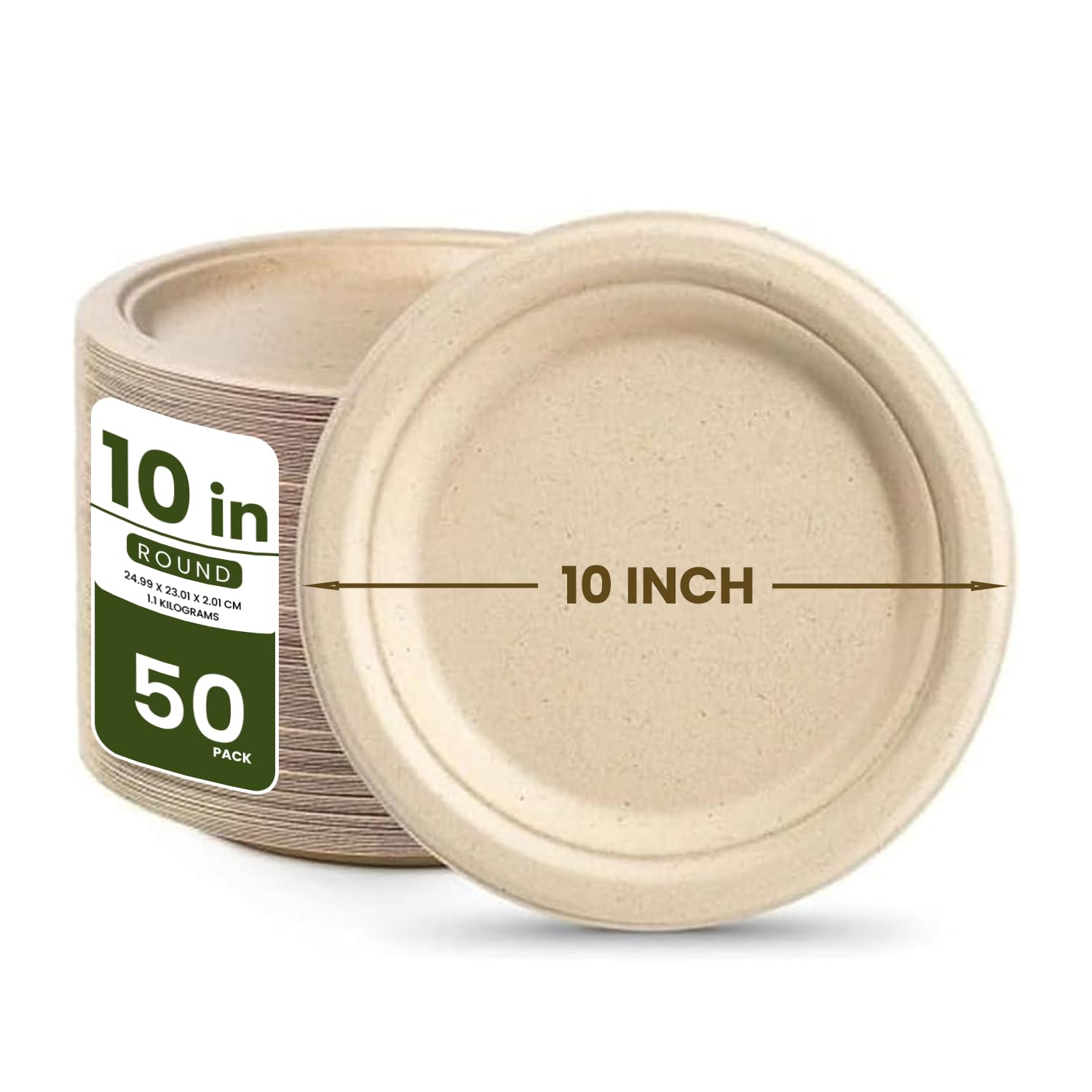 Ecoway [10 Inch Round Plate Pack Of 50] Natural Color- Disposable Plates Made With Bagasse Sugar Canes Microwave & Freeze Safe, Compostable & Biodegradable Dinner Plates, Strong Everyday Tableware