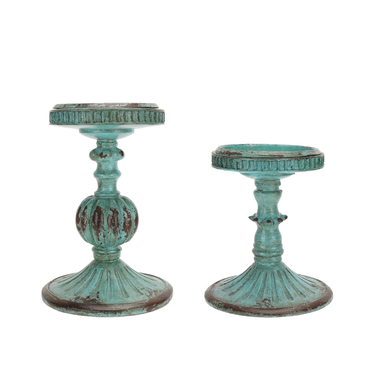 SOFFEE DESIGN Set of 2 Antique Resin Pillar Candle Holder Sets, Vintage Cylindrical Candlestick Stand Home Decor for Dining, Living Room, Mantel, Table Centerpiece, Retro Blue Candleholder Decor