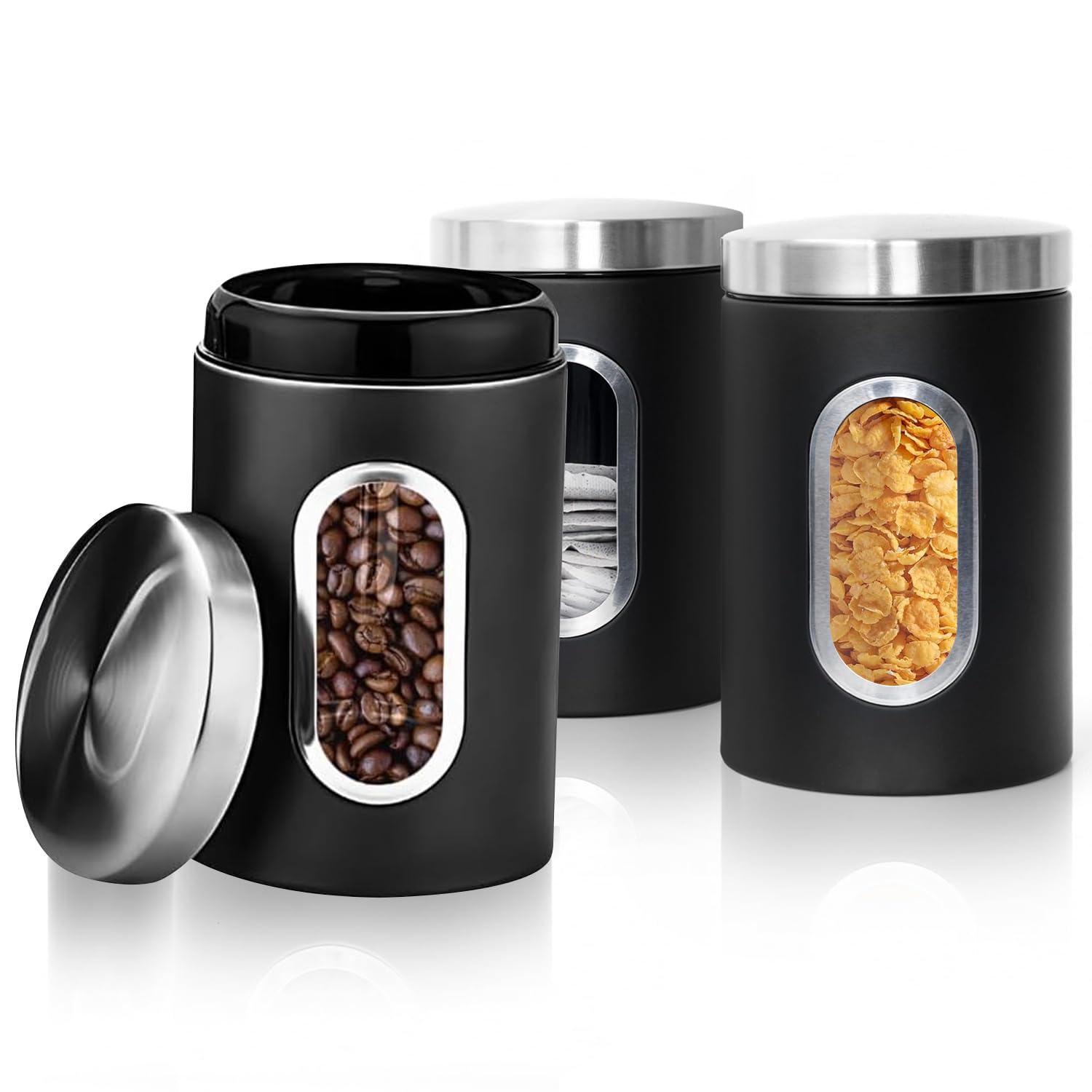 Tea Coffee and Sugar Canisters Set,Kitchen Organizers and Food Storage,Transparent Window Containers for Kitchen Food,Storage Container for Sugar,Coffee Beans,Tea,Candy,Cereal,Spices