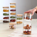 Food Storage Jars with Bamboo Lid, 3-Tier Stackable Glass Jars with Airtight Cover, Microwavable Food Bowls, Clear Spice Sugar Containers, Glass Canister for Candy Cookie Fruits Condiment Seasoning