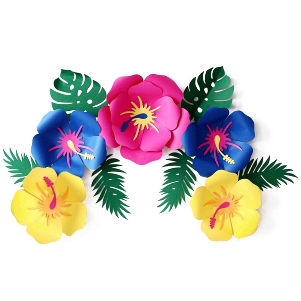 Paper Flower Decorations, Luau Hibiscus and Tropical Leaves Multi-Colored Hibiscus Artificial Flowers Mexican Paper Flowers Decorations for Moana Hawaiian Party Aloha Party