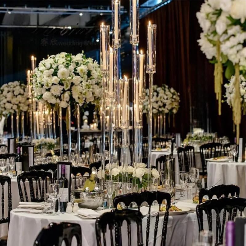 10Sets 8 Arm Acrylic Candelabra Candle Holder for Wedding,38.5 inches Tall Clear Candlestick Holders with Shade for Tables Party Event Dinner Decoration (Fit 0.8" Led Candles)