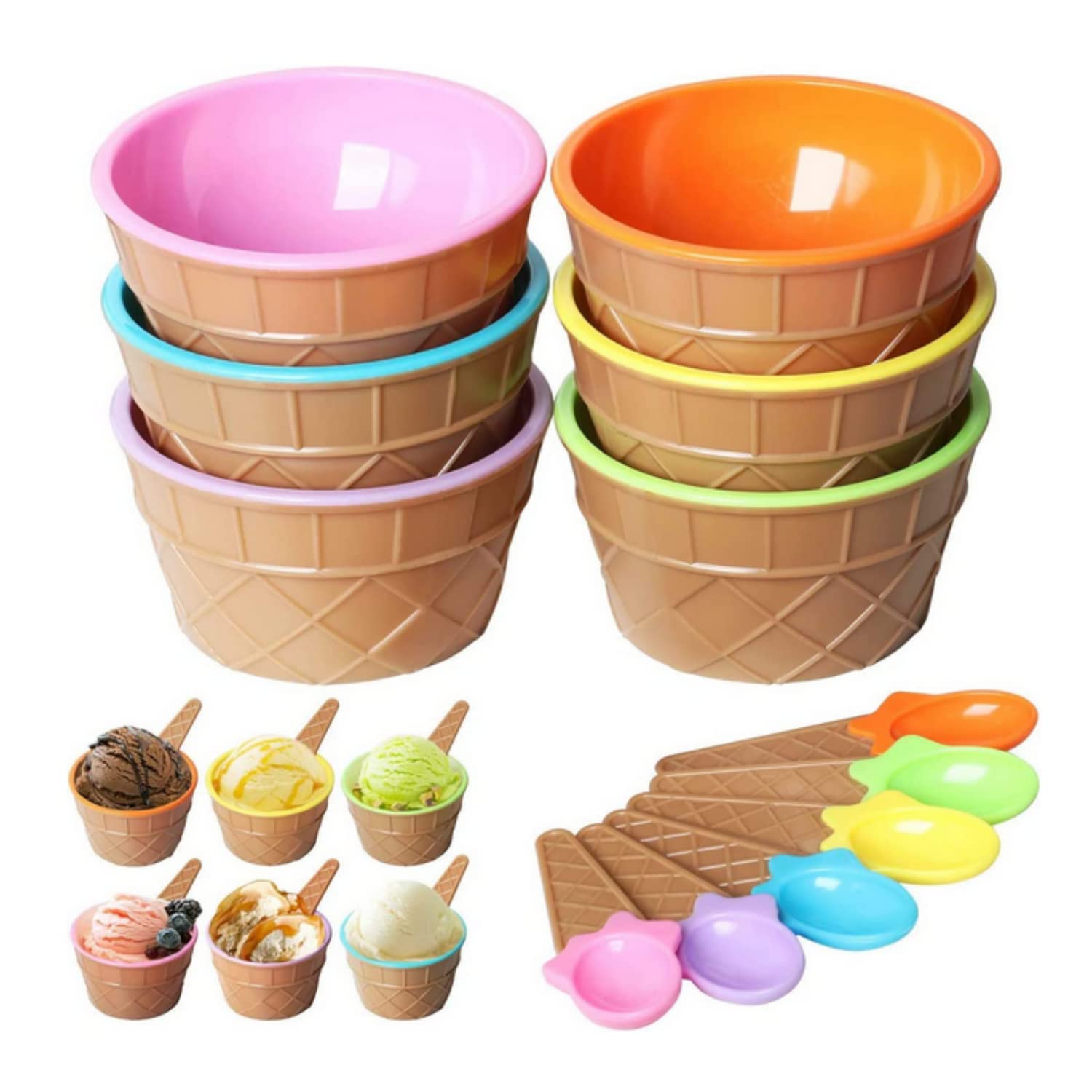 SKEIDO 6PCS Plastic Ice Cream Cups With Spoons Festive Dessert Bowls Assorted Colors Cup Set Ice Cream Mould Container