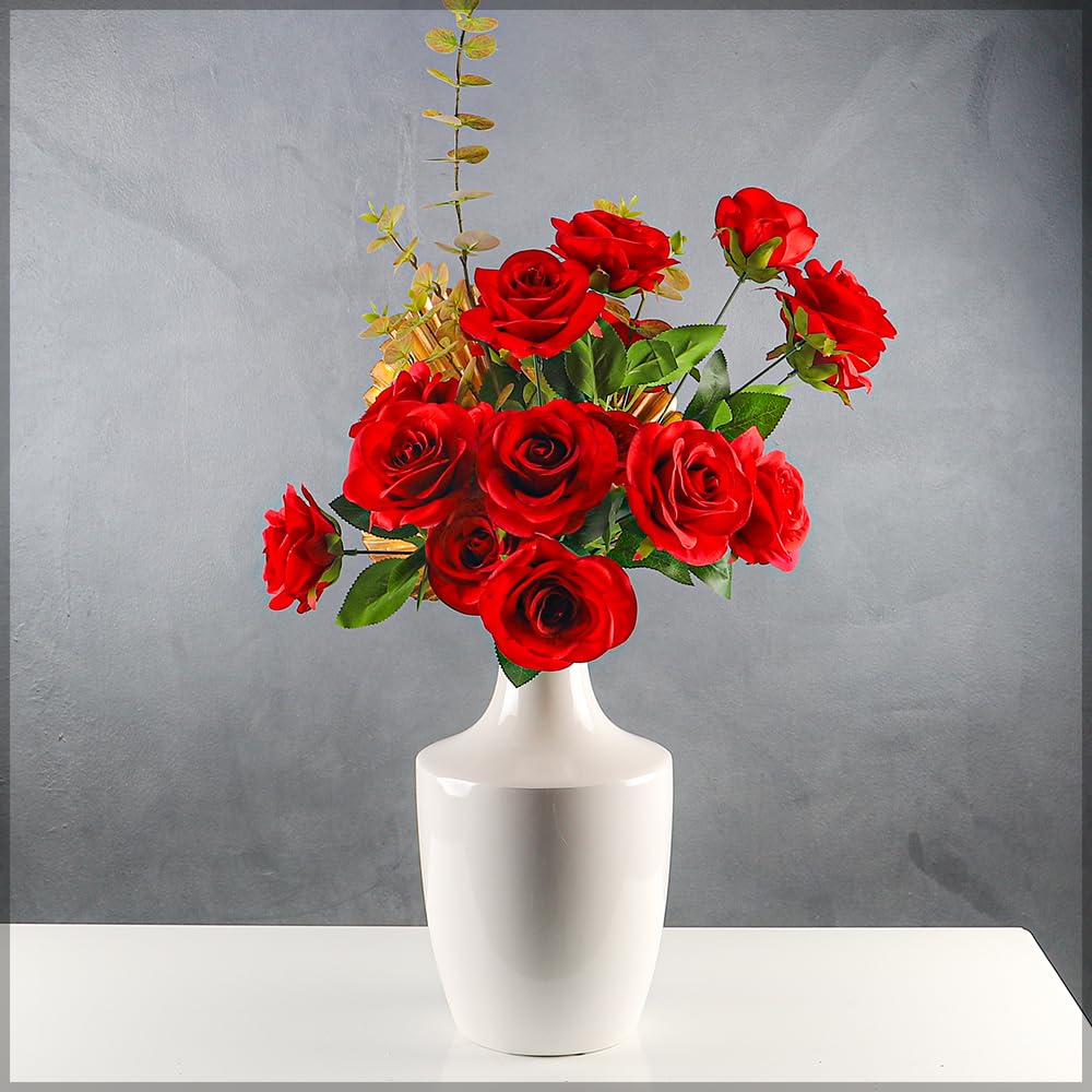 Artificial Flowers Bunch, Realistic Silk Rose Flower, Maintenance-Free Fake Flower Arrangement, Durable & Everlasting Lifelike Beauty Faux Flowers for Vase, Ideal for Home Office Decor (D-Red)