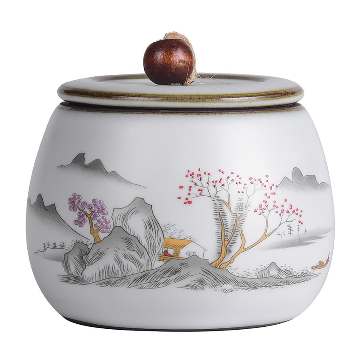 Chinese Style Ceramic Tea Caddy Tea Canister Tea Storage Container Tins Jar with Airtight Lid Wet-proof Tank for Tea, Coffee, Herb, Sugar, Spice, Nuts-Mountain-6 OZ
