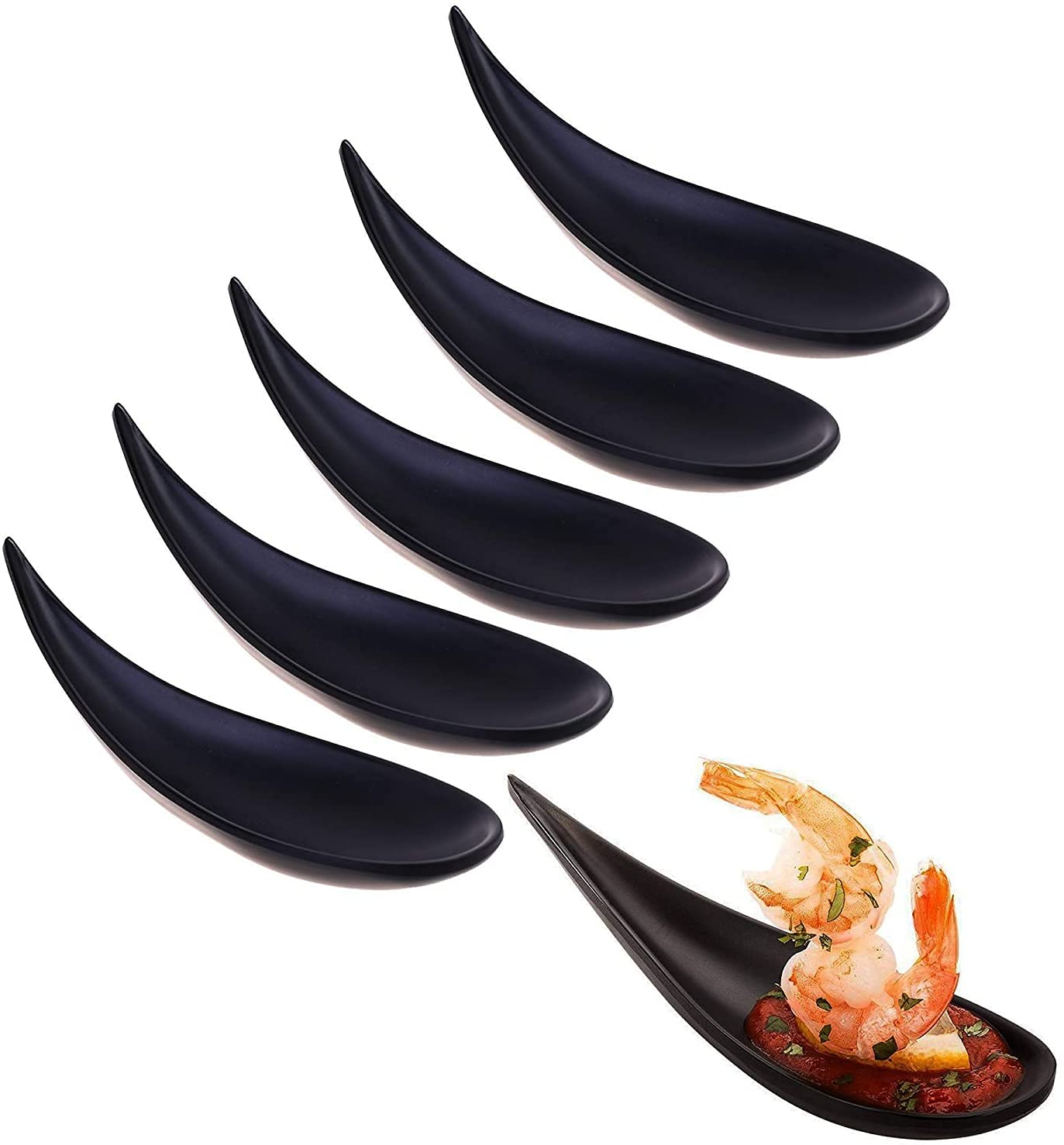 Pack of 6 Melamine Black Tear Drop Appetizer Plates Dessert Tasting Spoons Small Mini Bowls Serving Cup For Sushi Appetizer Japanese Style Dinnerware Set Snack