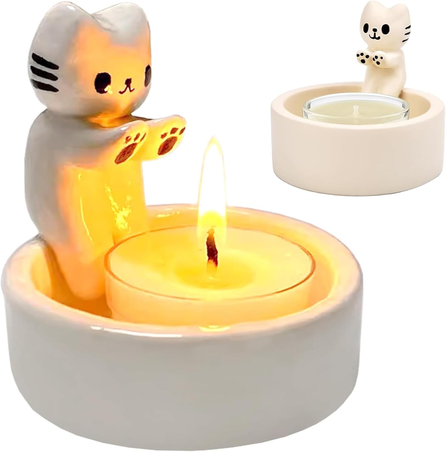 BIGTHREE Kitten Candle Holder, Cartoon Kitten Tea Light Candle Holder, Handmade Resin Kawaii Kitten Tea Light Holder, Perfect for Cat Lovers, Home Room Desk Decor (White & Black)