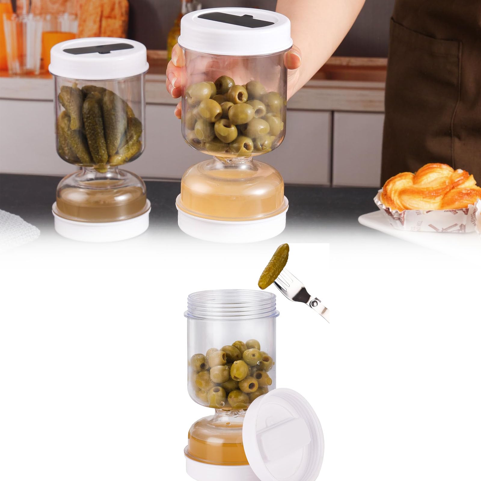 NALACAL Glass Pickle and Olive Jar With Strainer Flip - Hourglass Container for Wet Food Storage - Comes With a Fork