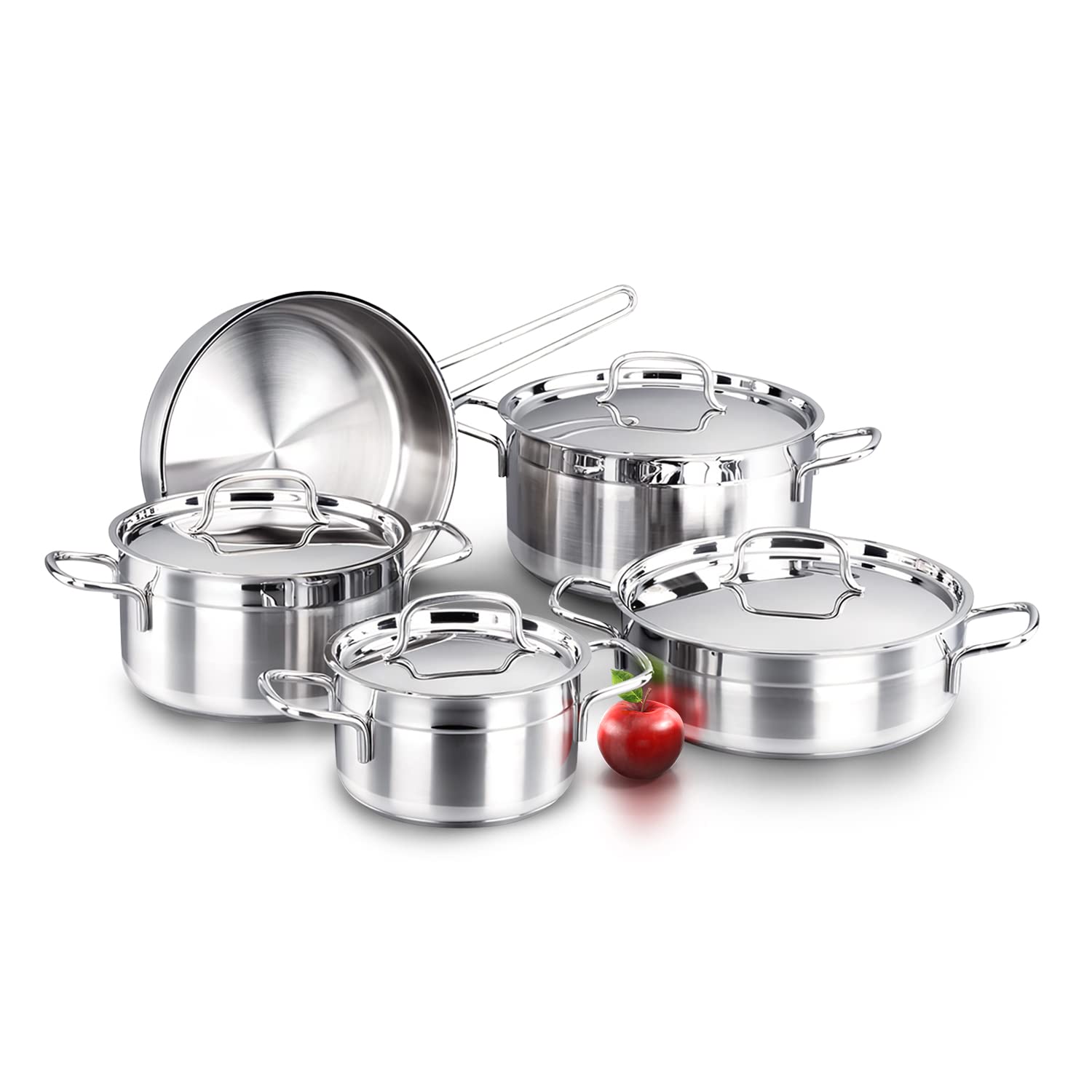 DELICI Cookware Set Stainless Steel 9 Pcs (DSK 9W) | Superior 304 Grade SS | Oven Safe | Heavy Base Sandwich Bottom | Corrosion & Stain Resistant | Includes Deep Sauce Pan, Fry Pan, Premium Lids