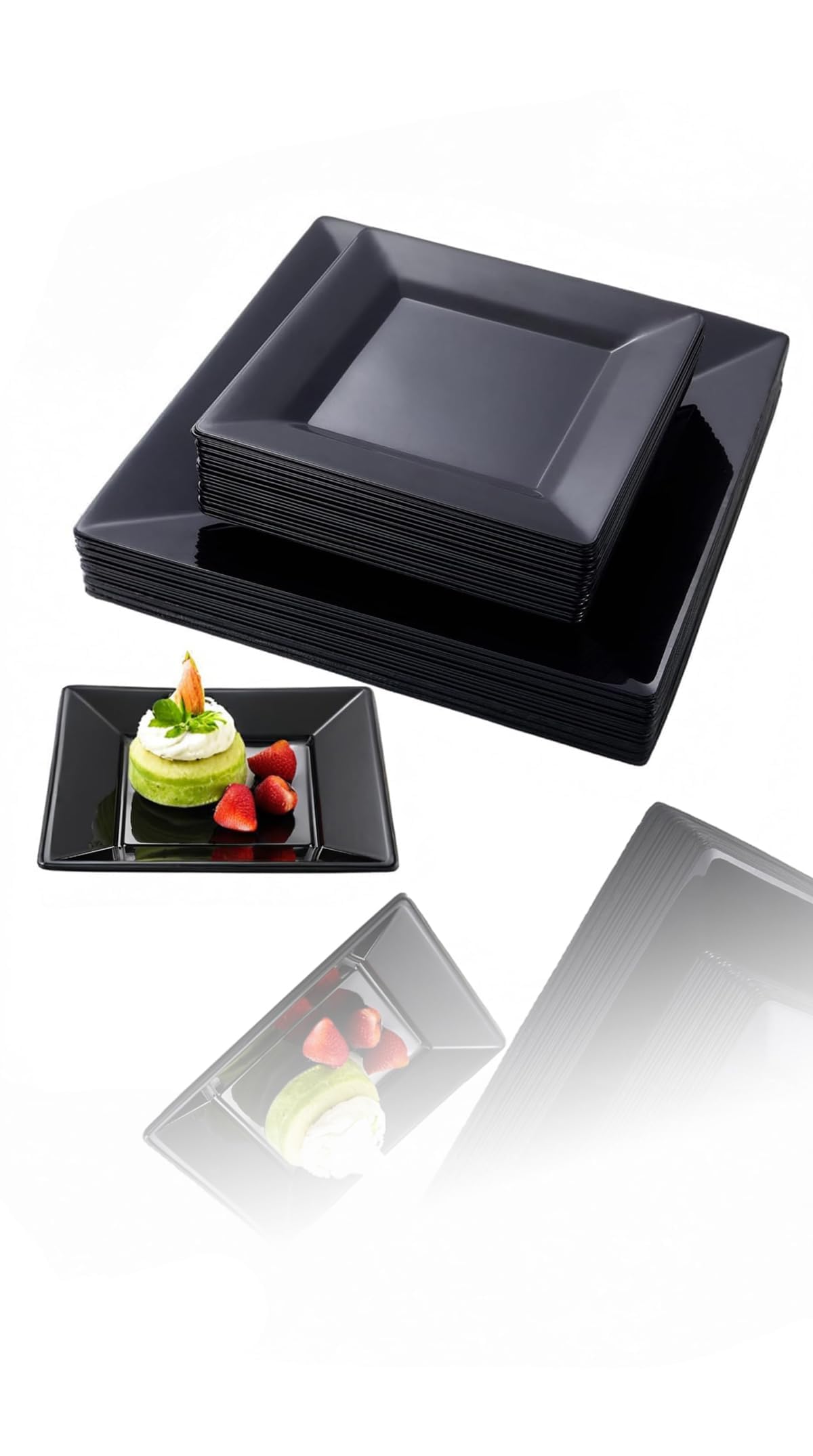 Sweet seven 50 Pack Black Square Plastic Plates - Elegant Dinner and Dessert/Salad Set for Parties, Weddings - 25 Dinner Plates (9.5'') + 25 Disposable Square Dessert Plates (6.5'')