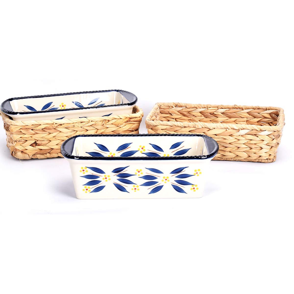 temp-tations® Old World Loaf Pans in Baskets - 4 Piece - Blue - Oven Microwave Freezer Refridgerator Safe Ceramic hand painted bakeware for baking serving kitchen cooking gift bread cake