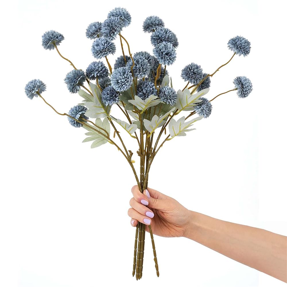 Artificial Flowers, Chrysanthemum Ball Flowers Bouquet, Silk Hydrangea Bridal Wedding Bouquet, 52cm Large Flower Bouquet Bunches, for Home Party Office Wedding Decoration (6 Pcs, Blue-Gray)