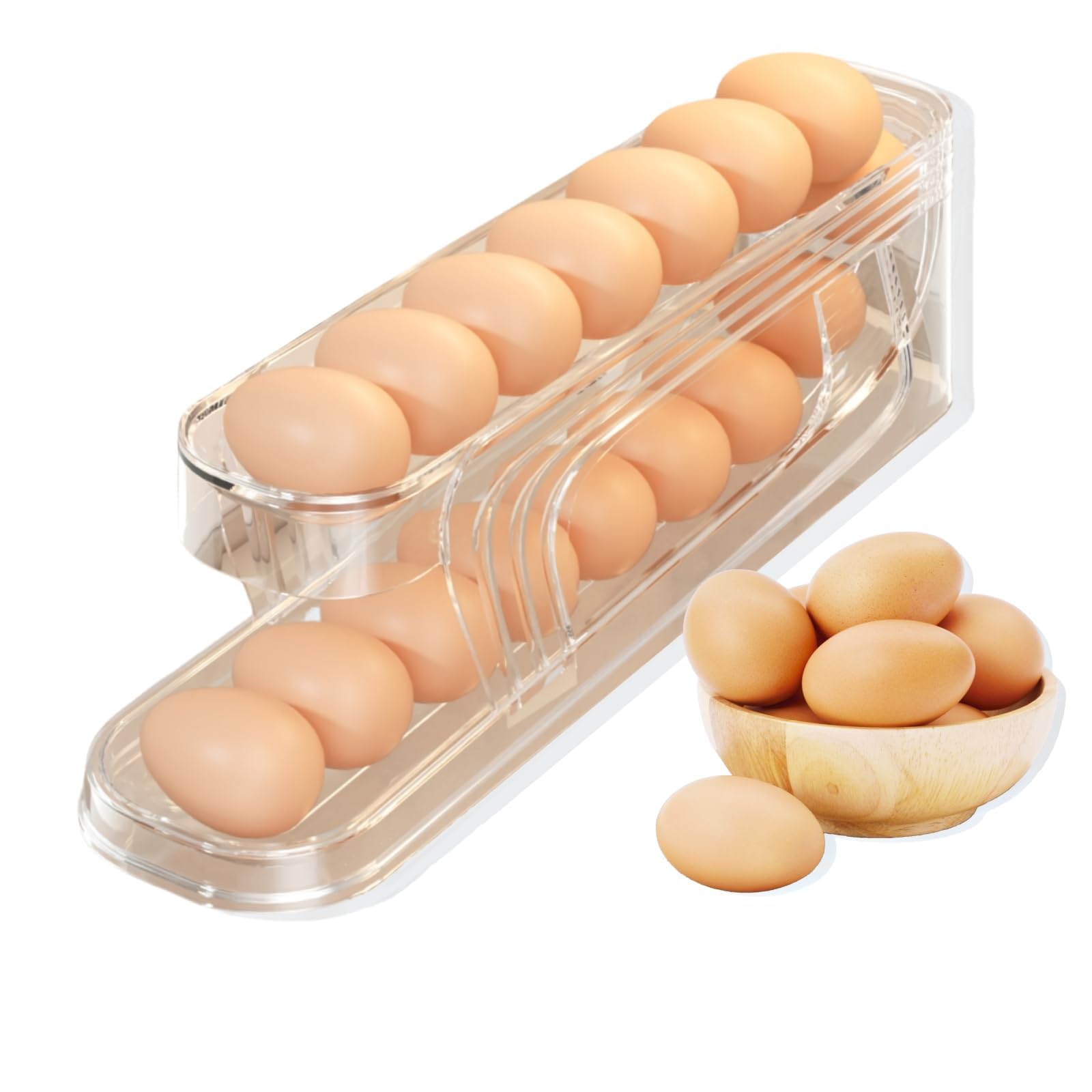 Tazweeq Egg Holder for Fridge with Automatic Rolling Dispenser, Space-Saving 2-Tier Organizer for Refrigerator, Clear Plastic Storage Container