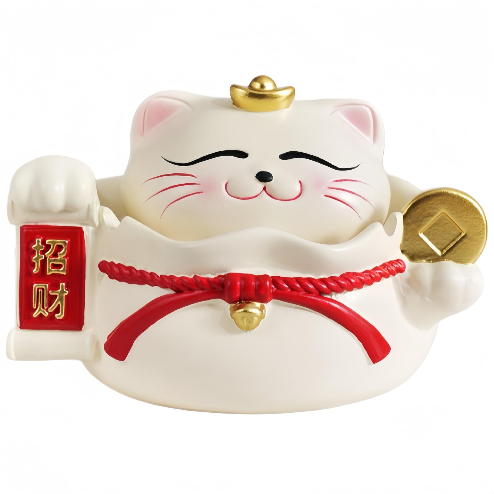 Ceramic Ashtray with Lid - Lucky Cat Windproof & Compact with Cigarette Holder for Home & Travel, Red/White, 12.6 x 10.9 x 8.7 cm (White)