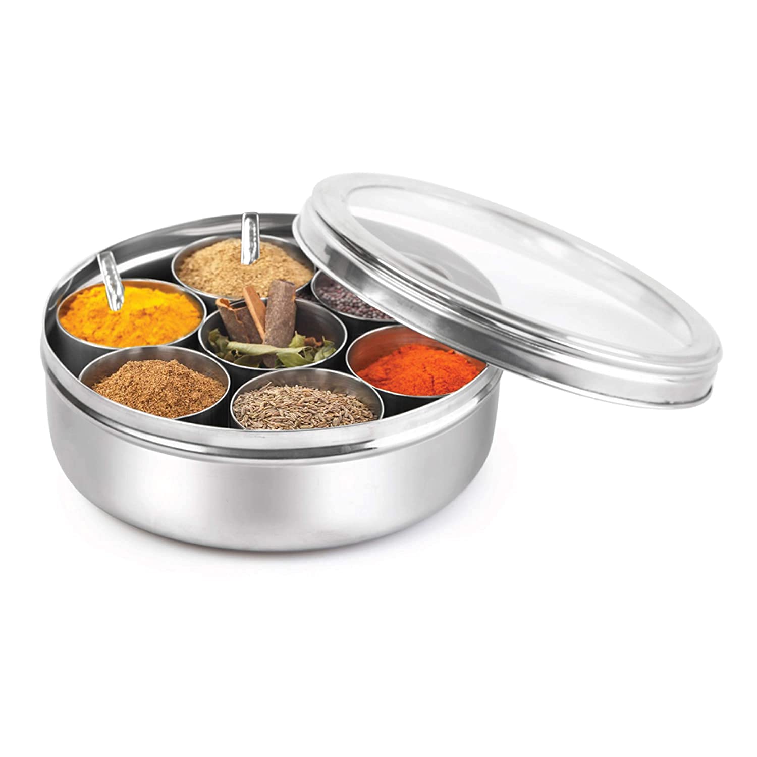 Stainless Steel Belly shape Masala Dabba/Spice Box (185mm*70mm) with See Through Lid, 7 Containers(50mm*50mm) and 2 Small Spoons(80mm), Silver, Large (Round)