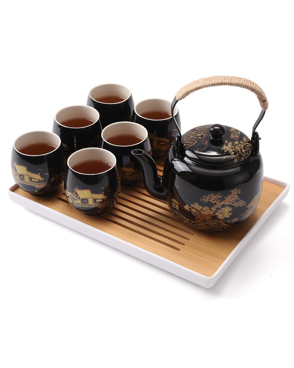 Dujust Japanese Tea Set, Black Porcelain Tea Set with 1 Teapot Set, 6 Tea Cups, 1 Tea Tray, 1 Stainless Infuser, Beautiful Asian Tea Set for Adults, Tea Lover/Women/Men (Countryside in Golden)
