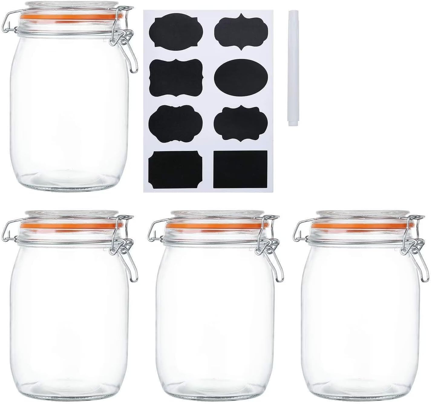 Premify 4-Pack Mason Jars with Airtight Hinged Lids – 32 oz Wide Mouth Glass Storage Containers with Leak-Proof Rubber Gasket, Labels & Marker, Ideal for Canning, Dry Goods, Fermenting & More
