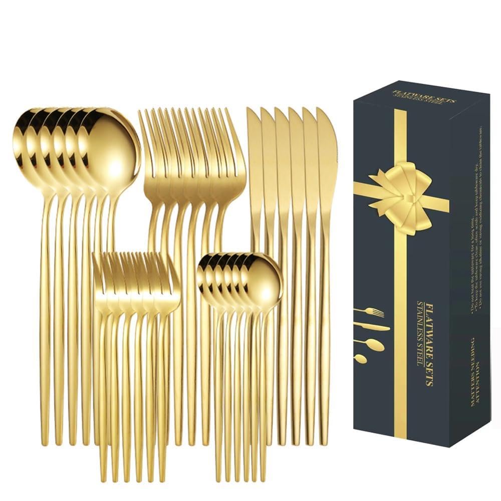 Aowin Stainless Steel Flatware Set,Titanium Gold Plated Stainless Steel Flatware Set,30 Peices Golden Cutlery Set of Knives Spoon Fork Kitchen Utensils Tablespoon Skewer Accessories Home Restaurant