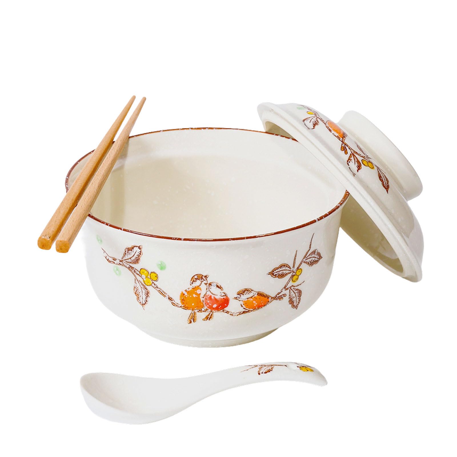 Ceramic Ramen Bowl Set, 800 ml, with Lid, Spoon and Chopsticks, Japanese Vintage Large Soup Bowls, Instant Noodle Bowl, Asian Tableware (Bird x 1)