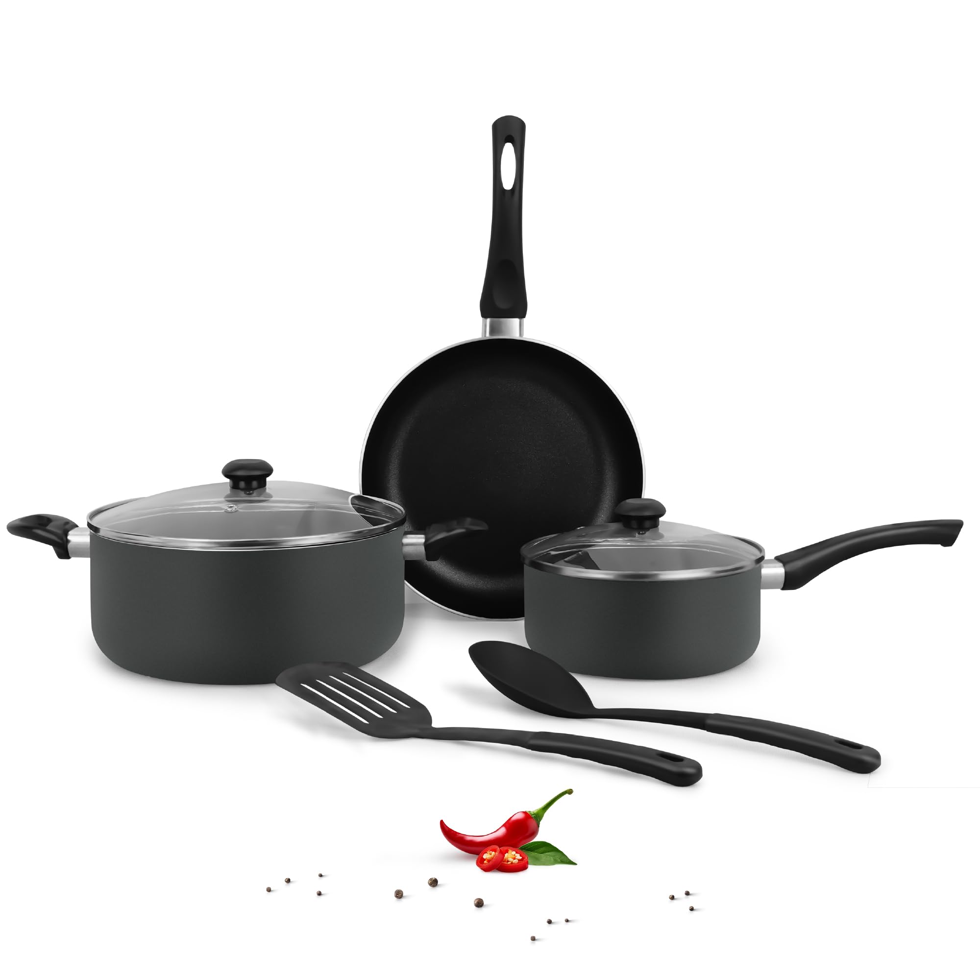DELICI 7 piece Nonstick Cookware Set - 10X Tougher Coating, Compatible with Hot Plate, Ceramic & Gas Surfaces - 24cm Casserole with Lid, 18cm Saucepan with Lid, 24cm Frypan and 2 Nylon Spatulas