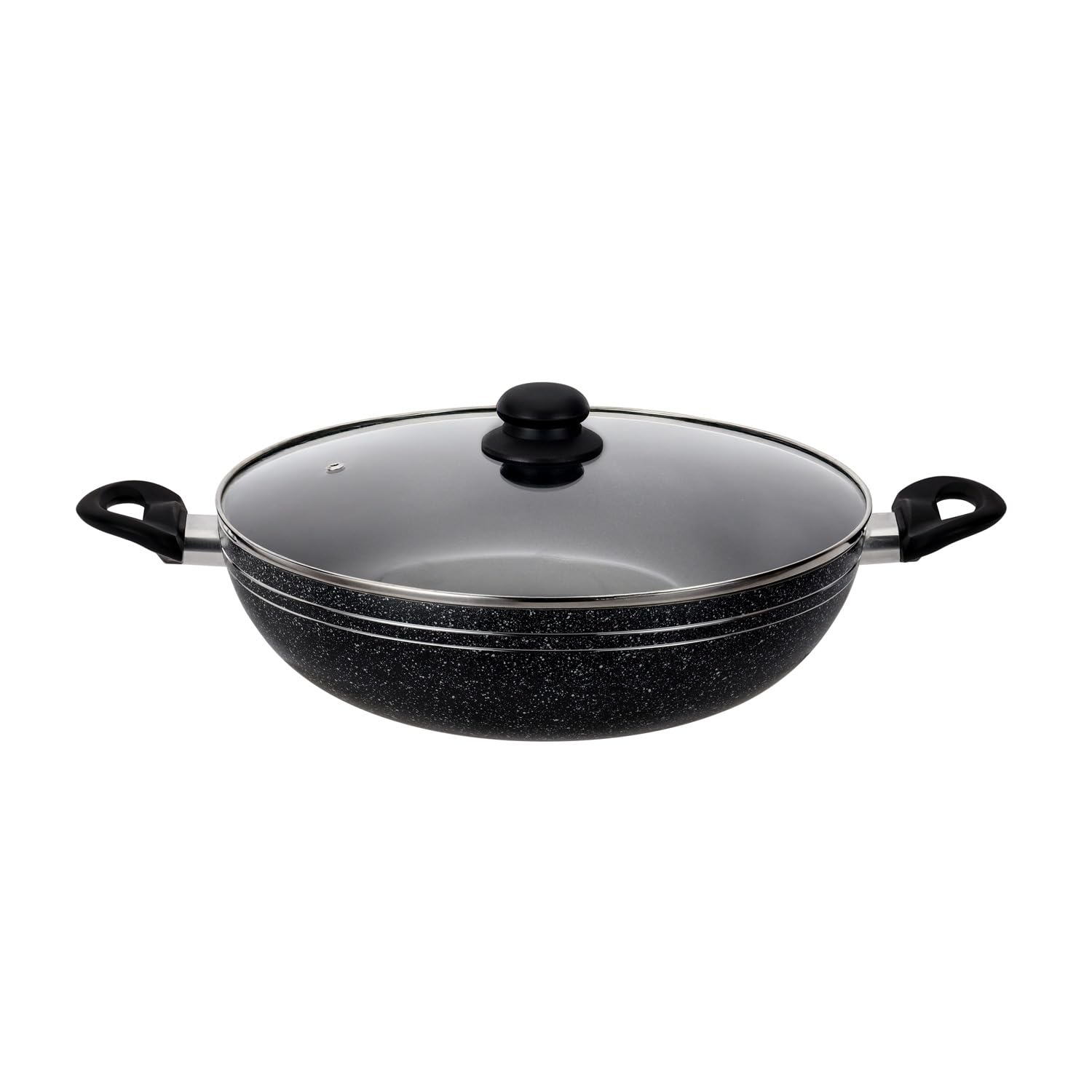 Royalford Aluminium Wok Pan, 32 CM | Induction Safe Frying Pan with Non-Stick Coating & Tempered Glass Lid | Saute/Frying pan with Heat-Resistant Handle | Stir Fry Cookware Pan, PFOA