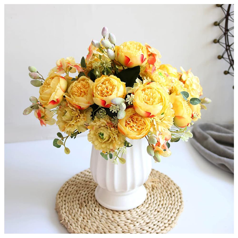 Artificial Flowers, 2Pcs Yellow Fake Peony Silk Hydrangea Flower Bouquet, Realistic Carnations Berries Arrangements, Table Centerpieces, Wedding Bouquets for Party Home Décor, Yellow