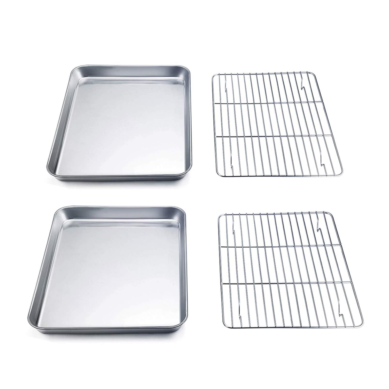 Toaster Oven Pan with Rack Set, 23.5 x 17.5cm Stainless Steel Small Bakeware with Cooling Rack for Baking Cooling Storing, Non-Toxic & Heavy Duty, Easy Clean & Dishwasher Safe