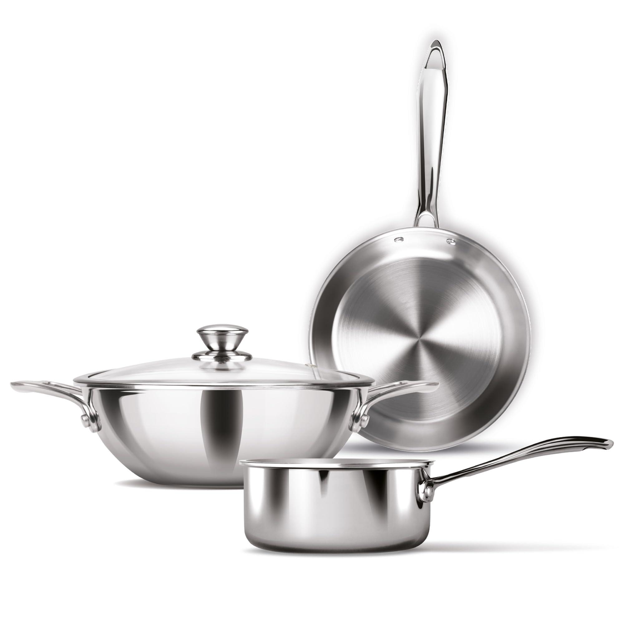 MILTON Pro cook Procook Triply Induction Base Cookware Set of 3 Stainless Steel |Sauce Pan 14 cm, Fry Pan 24 cm, Kadhai 24 cm with Glass Lid 24 cm, Silver | Dishwasher Safe | Food Safe | Flame Safe