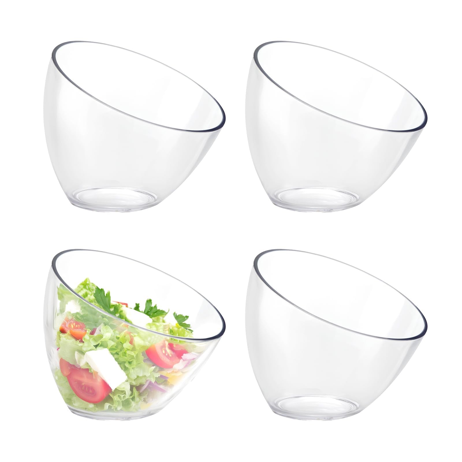 KASTWAVE 4 Pack Angled Plastic Serving Bowls, 20oz Clear Slant Salad Bowls for Chips, Salads, Party Snacks, Tableware for Weddings, Catering & Birthday Parties