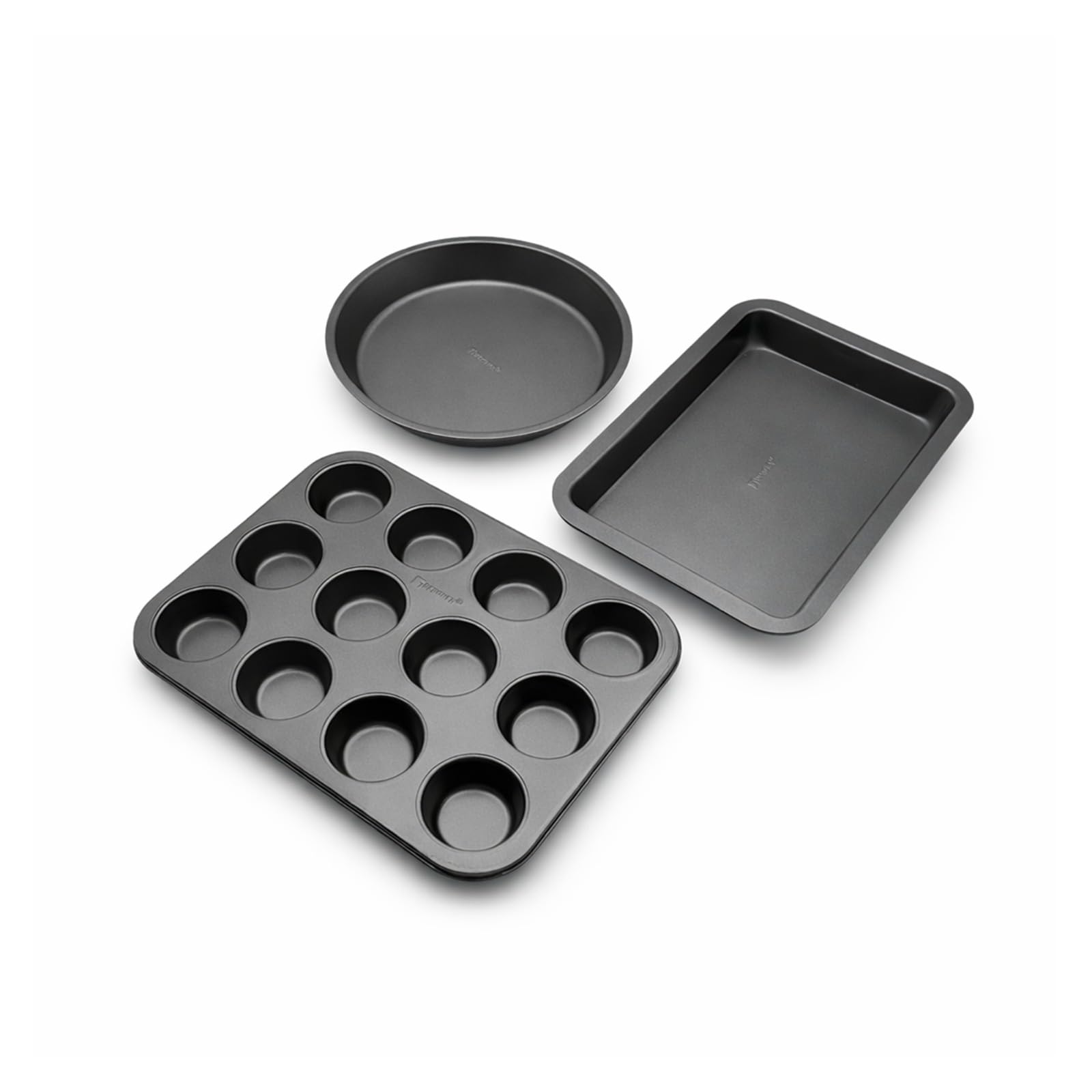 3Pc Non Stick Carbon Steel Black Bakeware Set with 12 Cup Muffin Tray Springform Cake Pan and Loaf Pan Oven Safe Baking Tins for Cake Muffin Bread Baking Essentials